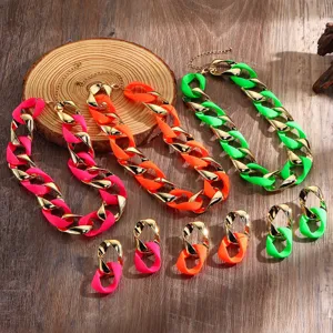 Neon pink orange green chunky chain necklace set detail view, fashion statement jewelry display.