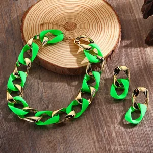 Fluorescent green and gold chunky chain necklace and earrings set, stylish fashion jewelry detail.