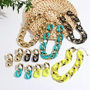 Chunky CCB twist chain necklace and earrings set, neon and gold fashion jewelry for women.