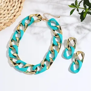 Chunky chain necklace and earrings set detail, bright turquoise and gold tone fashion jewelry.