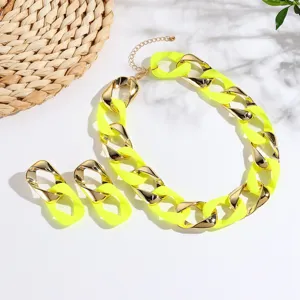 Neon yellow twist chain necklace earrings close up view fashionable women jewelry set