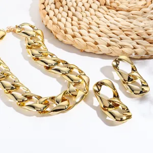 Gold chunky chain necklace and earrings set, stylish metallic fashion jewelry details.