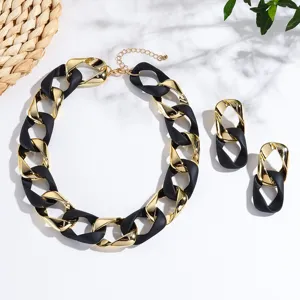 Fashionable black gold chunky chain necklace and earrings set detail view for women style.