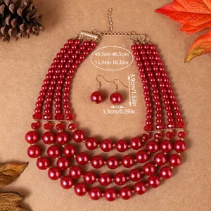 Ensemble de bijoux collier et boucles d'oreilles perles imitation rouge multicouche femme.