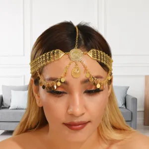 Elegantes goldenes Stirnband im Ethnostil mit Münzanhängern und feinen Tropfenanhängern.