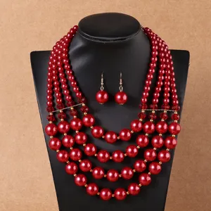 Mode Européenne Multicouche Fait Main Perle Artificielle Perlé Collier Boucles d'Oreilles Set Exagéré Mariage Bijoux