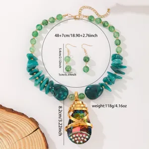 Elegant green crystal gemstone pendant necklace and earrings set with detailed size specs.