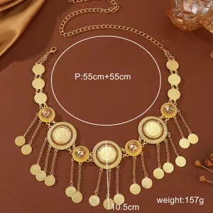 Arabic gold rhinestone coin tassel waist chain belt for women, ethnic jewelry accessory.