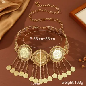 Middle Eastern gold alloy carved coin tassel waist chain belt, intricate detailed view.