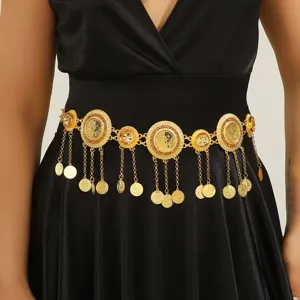 Exquisite Arabian style gold coin tassel waist chain belt for women, elegant alloy design.