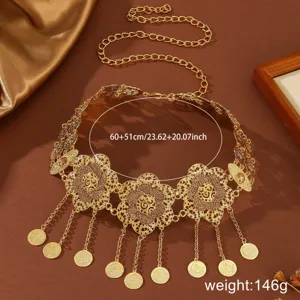 Close-up detail view of the Arabic gold-toned alloy floral coin tassel waist chain texture.