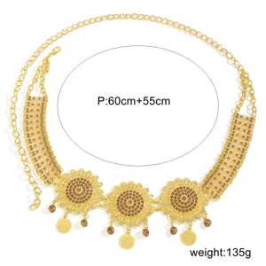 Gold Alloy Rhinestone Sunflower Tassel Waist Chain Middle Eastern Women Jewelry Item