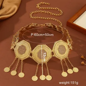 Middle Eastern Gold Geometric Metal Rhinestone Coin Tassel Waist Chain Belt Women