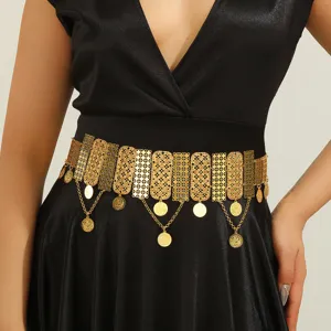 Middle Eastern gold square alloy hollow rhinestone coin tassel waist chain accessory