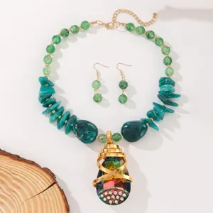 Fashion bohemian green stone crystal teardrop pendant necklace earrings jewelry set
