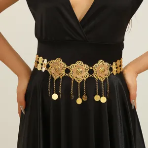 Detail view of the gold-plated cutout flower and coin tassel waist chain accessory.