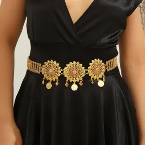 Gold alloy rhinestone sunflower coin tassel waist chain, elegant Middle East style body jewelry.