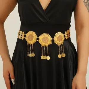 Exquisite gold geometric alloy coin tassel waist chain detail, perfect for dresses and ethnic wear.