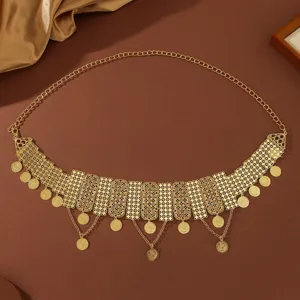 Golden Middle Eastern belly dance waist chain with cutout coin tassels for women dresses