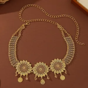 Detail view of the gold alloy waist chain, featuring intricate hollow sunflower pendants and coin tassels.