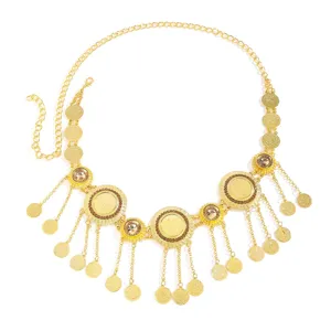 Arabic gold coin tassel waist chain for women, vintage alloy rhinestone belly dance belt.