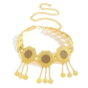Gold geometric rhinestone coin tassel waist chain for women fashion dress accessories