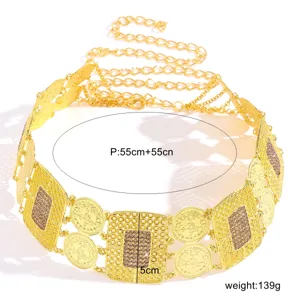 Gold Arabic rhinestone geometric waist chain metal coin belly belt for women party