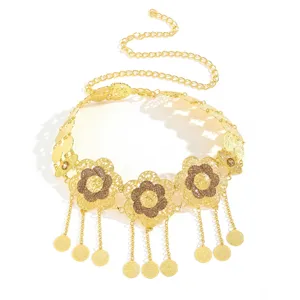 Middle Eastern Arabic Gold Metal Waist Chain Rhinestone Flower Coin Tassel Belt Women