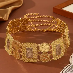 Middle Eastern Arabic Gold Geometric Square Alloy Openwork Rhinestone Waist Chain Details