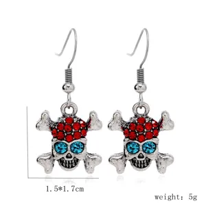 Vintage rhinestone skull earrings for women, gothic punk alloy drop earrings with red blue stone.