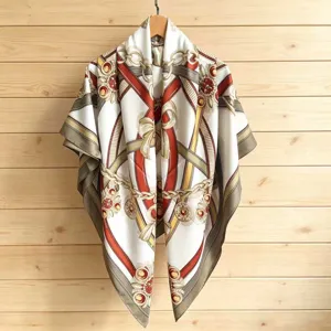 Luxury style printed silk square scarf, elegant vintage chain design women's fashion shawl.