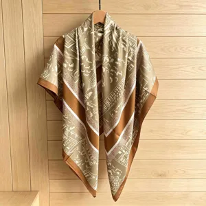 Elegant silk-like square scarf with vintage carriage and city print, stylish shawl.