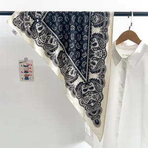 Vintage black and white paisley silk triangular scarf stylish summer neckerchief accessory.