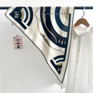 Detailed view of the vintage blue striped silk triangular scarf, exquisite archery pattern.