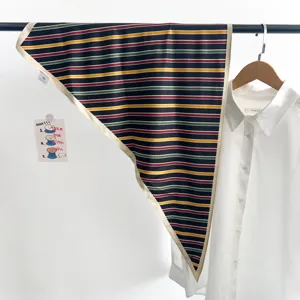 Retro vintage style striped triangular silk scarf, lightweight summer neckerchief accessory.