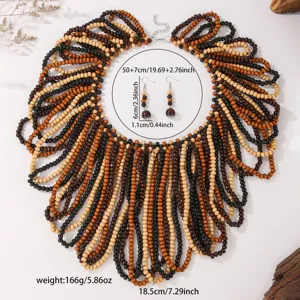 Bohemian handmade wooden bead bib necklace and matching earrings set for women style.