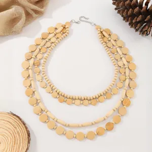 Bohemian multi-layer handmade wooden bead necklace detail view, stylish women's jewelry accessory.