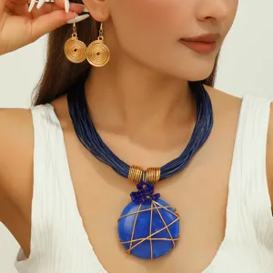 Geometrico Rotondo Resina Pietra Preziosa Filo di Alluminio Intrecciato Pendente Collana Orecchini Set Gioielli di Moda Regalo Per Donne