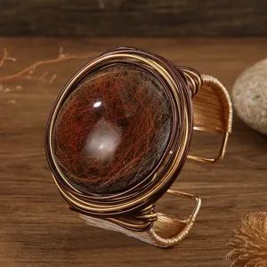 Bracciale Rigido Aperto Largo Intrecciato in Filo di Alluminio e Gemma di Resina Geometrico Esagerato per Donne Gioielli di Moda