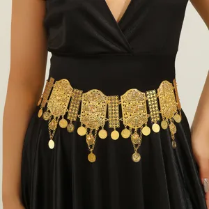 Gold metal coin tassel waist chain for women, hollow carved rhinestone belly belt dress accessory.