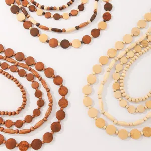 Bohemian multi-layer handmade wooden bead necklace, stylish casual natural wood jewelry for women.