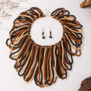 Bohemian handmade multi-layer wooden bead necklace and earrings set, vintage ethnic jewelry.