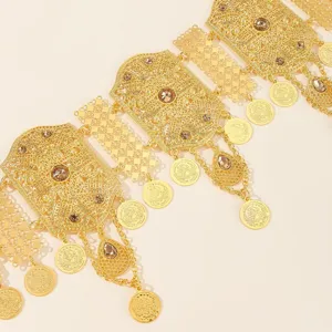 Gold alloy hollow carved rhinestone coin tassel waist chain detail view Arabic style dress belt