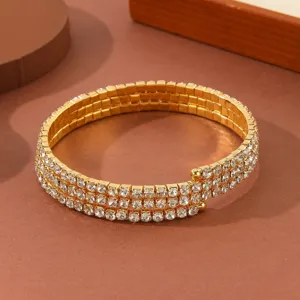Bracciale da braccio dorato a più file di strass bracciale rigido in cristallo donna.
