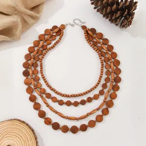 Bohemian multi-layer wooden bead necklace, trendy handmade beaded fashion jewelry for women.