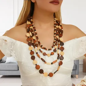 Bohemian Multi Layer Handmade Wooden Bead Beaded Necklace For Women Fashion Statement Wooden Jewelry Gift