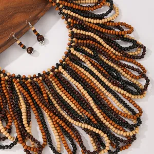 Bohemian handmade wooden bead multi-layer statement necklace and matching earrings set.