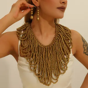 African vintage style layered wooden bead statement necklace and matching drop earrings set.