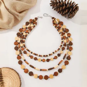 Bohemian multi-layer wooden bead necklace, stylish handmade beaded jewelry for women daily wear.