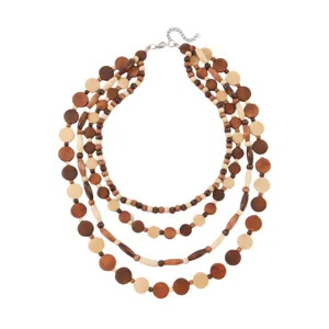 Multi-layer wooden bead necklace detail, boho style multi-strand beads with metal clasp.